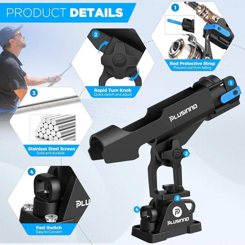 PLUSINNO 2 in 1 Fishing Rod Holders for Boat, Kayak Fishing Rod Holder, Fishing Pole Holders for Track Mount / Deck Mount, Fishing Gear with Fishing Rod Protective Strap, Fishing Accessories & Gifts - Image 3